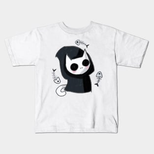 Cute grim reaper cat with fish Kids T-Shirt